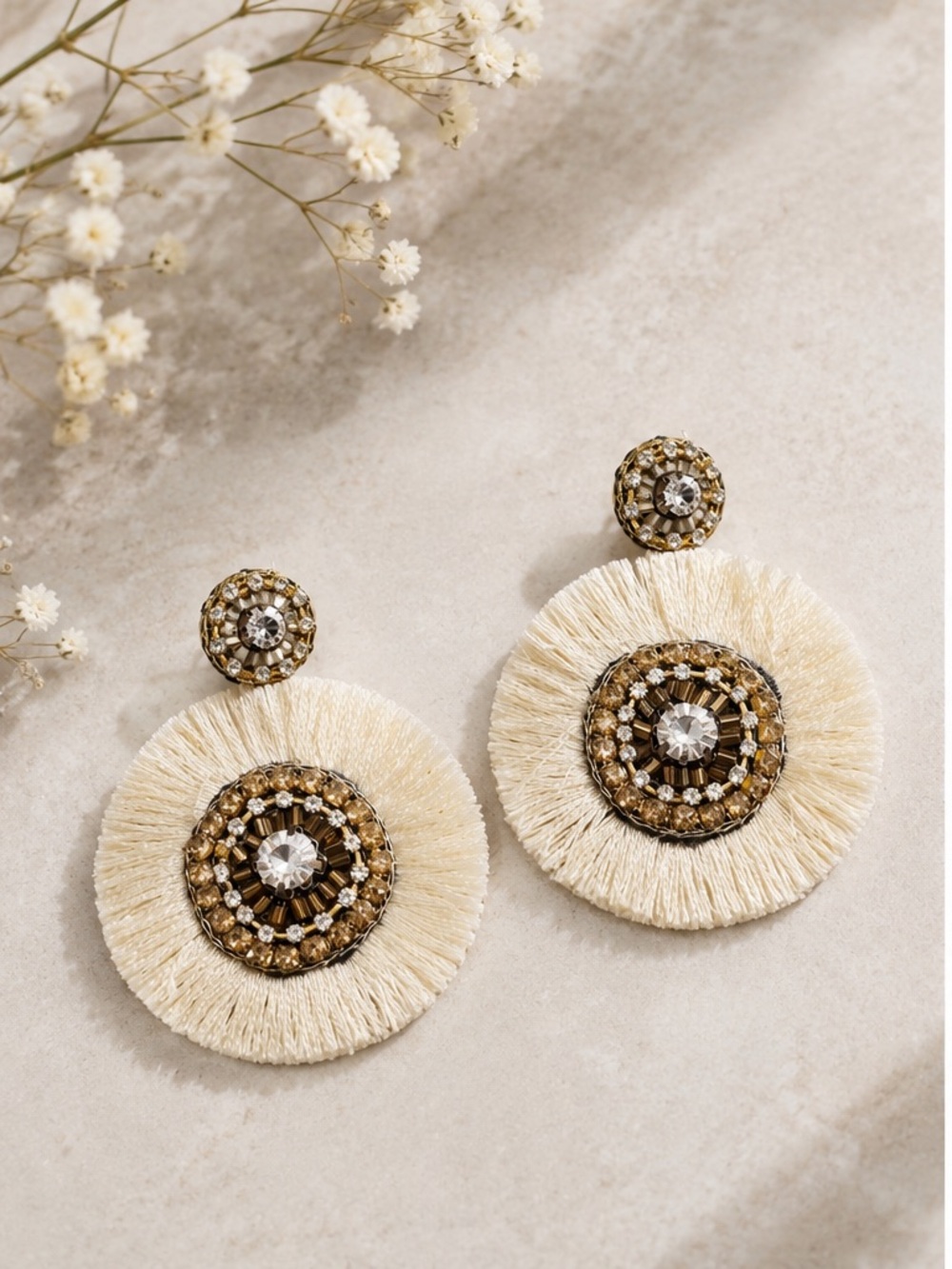 Boho Cream Fringe Disc Earrings with Gold Beaded Accents - Picture 2 of 4